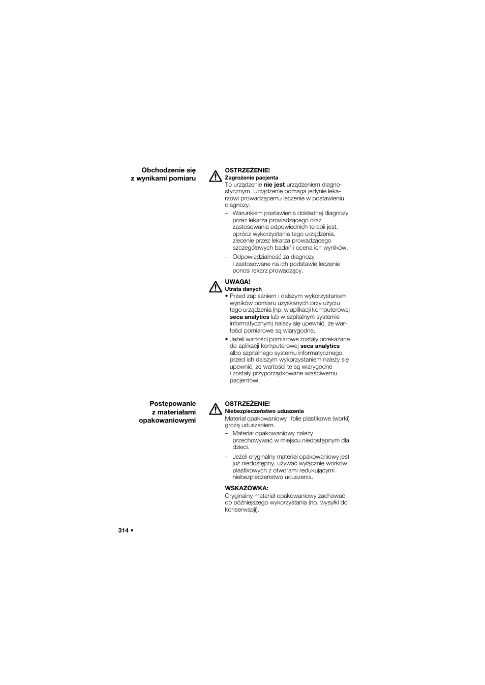 Obchodzenie się z wynikami pomiaru, Postępowanie z materiałami opakowaniowymi | Seca 657 User Manual | Page 314 / 357