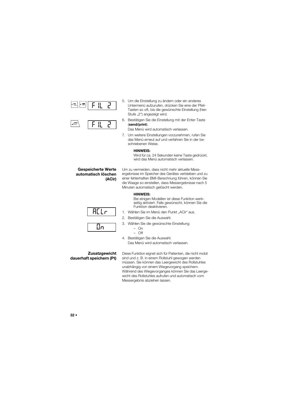 Gespeicherte werte automatisch löschen (aclr), Zusatzgewicht dauerhaft speichern (pt) | Seca 657 User Manual | Page 32 / 357