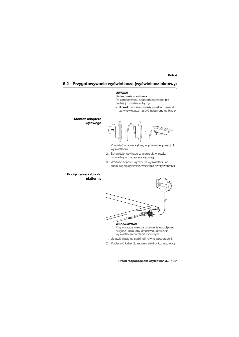 Montaż adaptera kątowego, Podłączanie kabla do platformy | Seca 657 User Manual | Page 321 / 357
