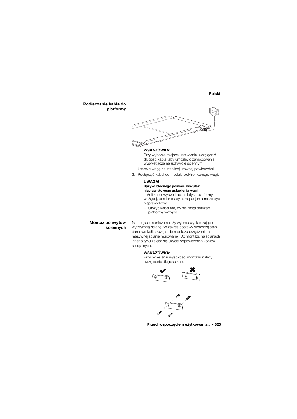 Podłączanie kabla do platformy, Montaż uchwytów ściennych | Seca 657 User Manual | Page 323 / 357
