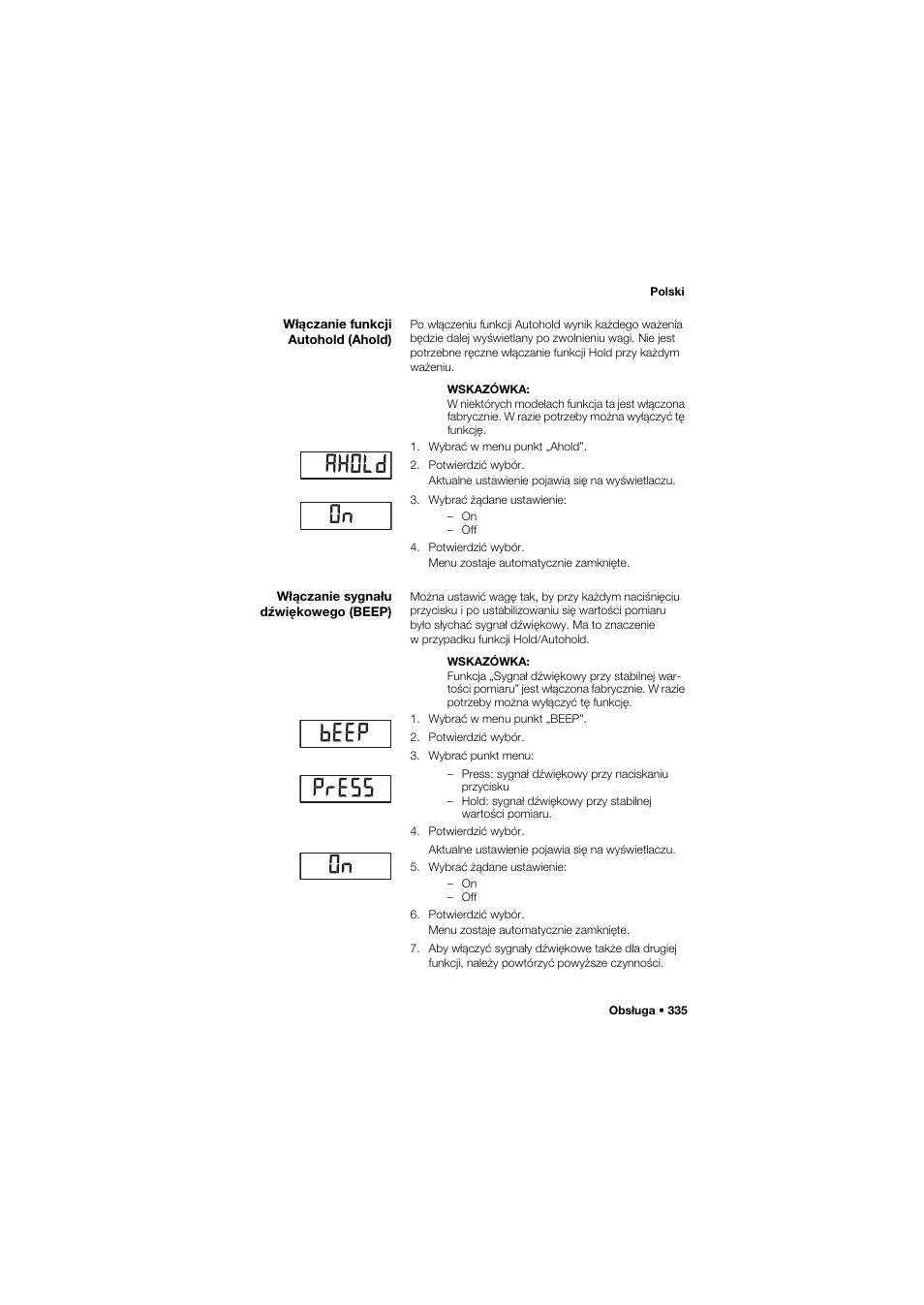 Włączanie funkcji autohold (ahold), Włączanie sygnału dźwiękowego (beep) | Seca 657 User Manual | Page 335 / 357