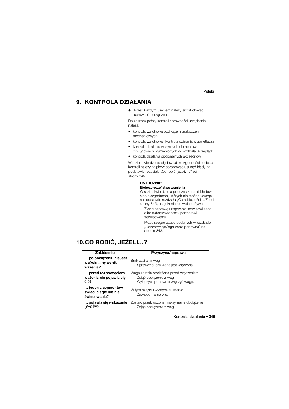 Kontrola działania, Co robić, jeżeli | Seca 657 User Manual | Page 345 / 357
