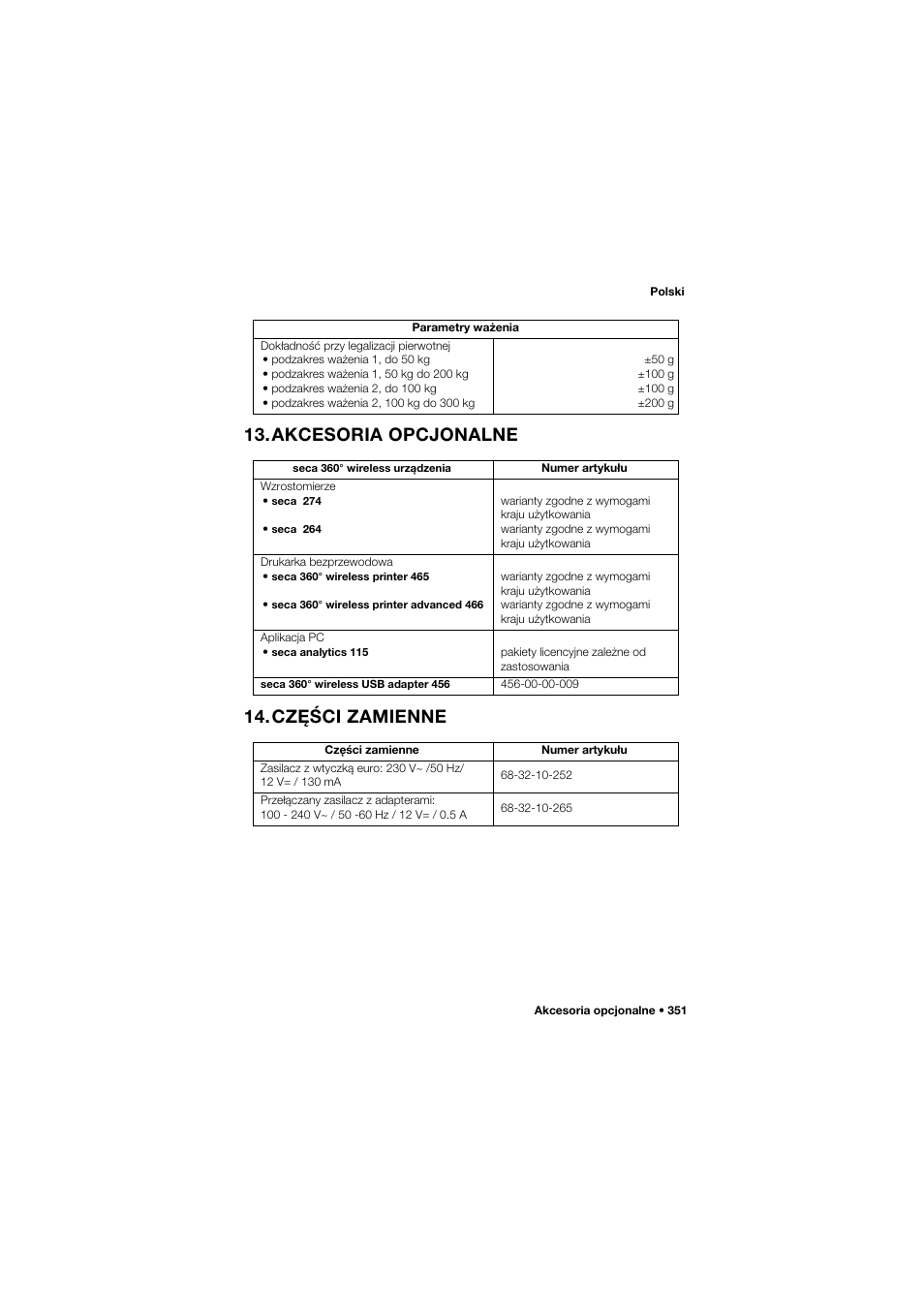 Akcesoria opcjonalne, Części zamienne, Akcesoria opcjonalne 14.części zamienne | Seca 657 User Manual | Page 351 / 357