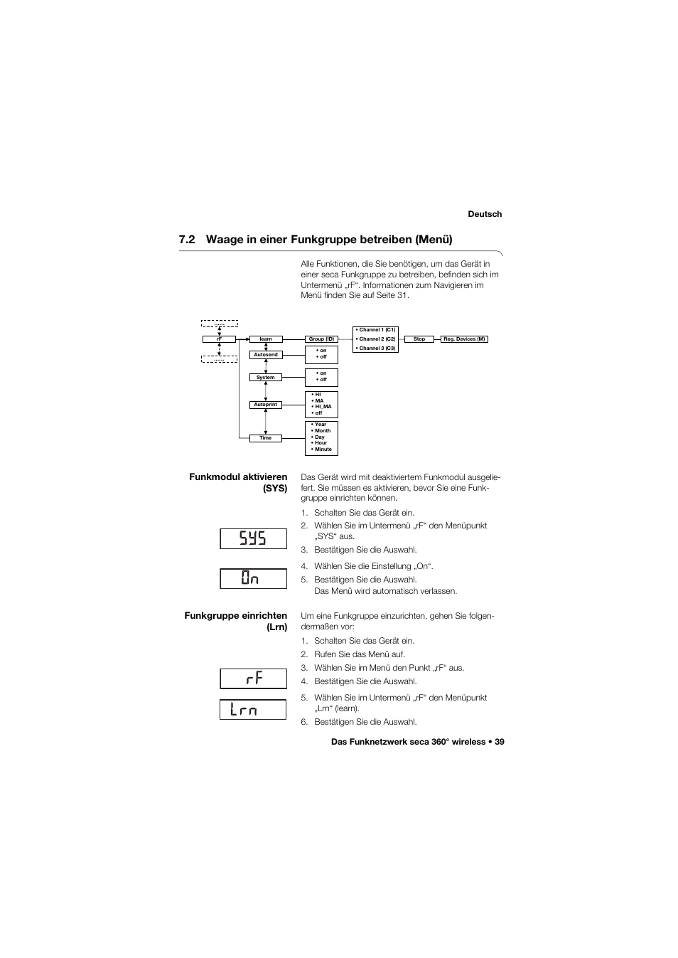 2 waage in einer funkgruppe betreiben (menü), Funkmodul aktivieren (sys), Funkgruppe einrichten (lrn) | 2 waage in einer, Funkgruppe betreiben (menü) | Seca 657 User Manual | Page 39 / 357