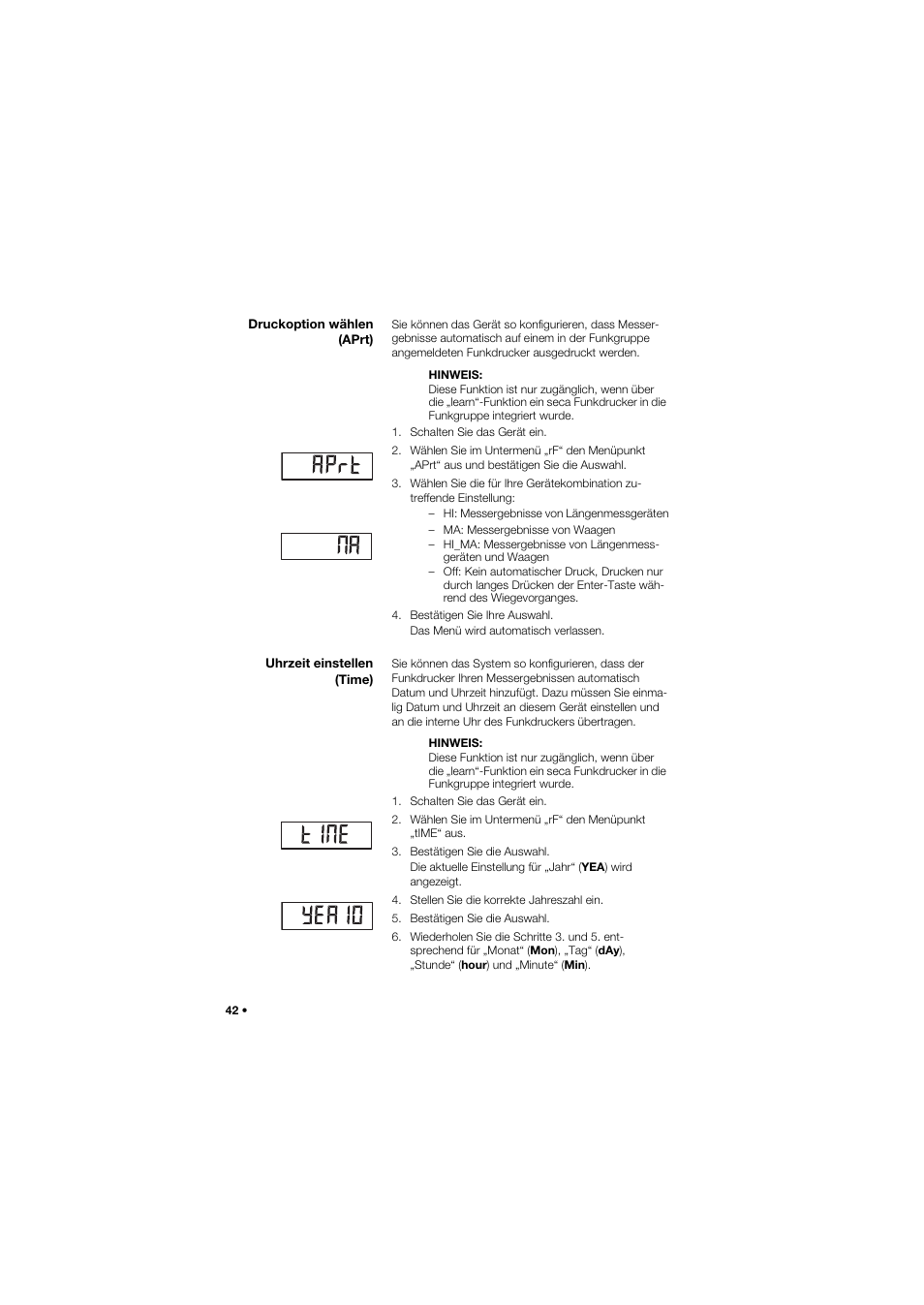 Druckoption wählen (aprt), Uhrzeit einstellen (time) | Seca 657 User Manual | Page 42 / 357
