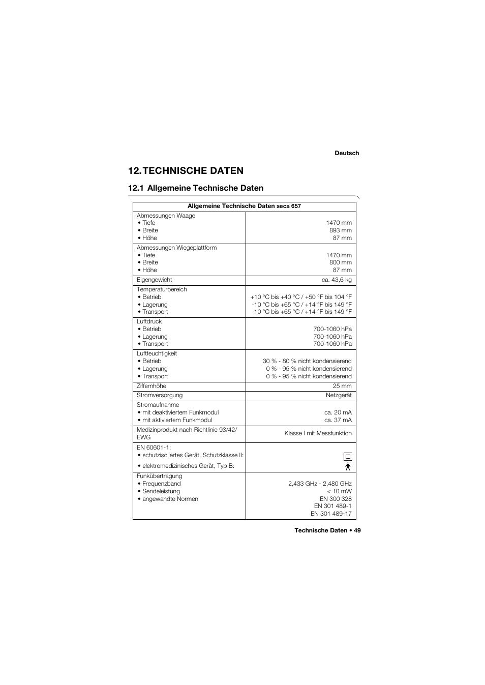 Technische daten, 1 allgemeine technische daten | Seca 657 User Manual | Page 49 / 357