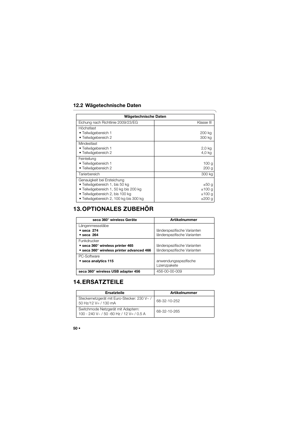 2 wägetechnische daten, Optionales zubehör, Ersatzteile | Optionales zubehör 14.ersatzteile | Seca 657 User Manual | Page 50 / 357