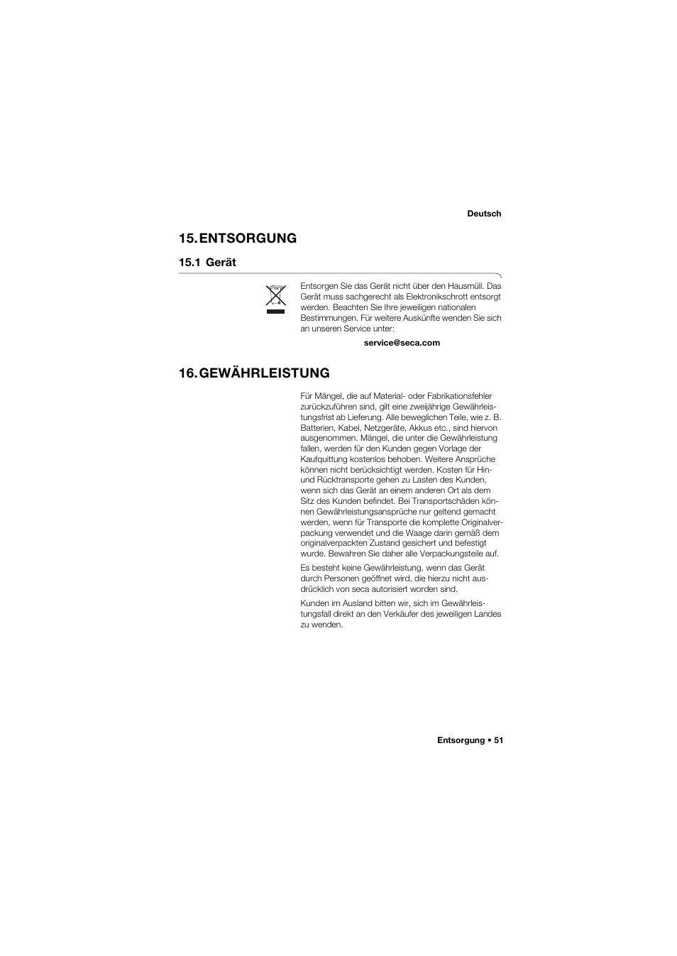 Entsorgung, 1 gerät, Gewährleistung | Seca 657 User Manual | Page 51 / 357