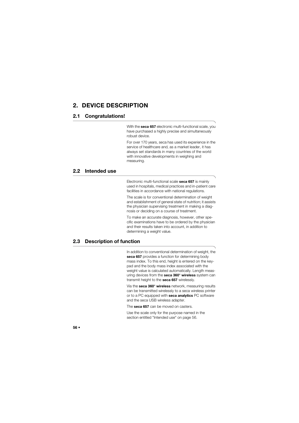 Device description, 1 congratulations, 2 intended use | 3 description of function | Seca 657 User Manual | Page 56 / 357