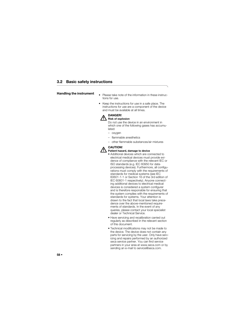 2 basic safety instructions, Handling the instrument | Seca 657 User Manual | Page 58 / 357