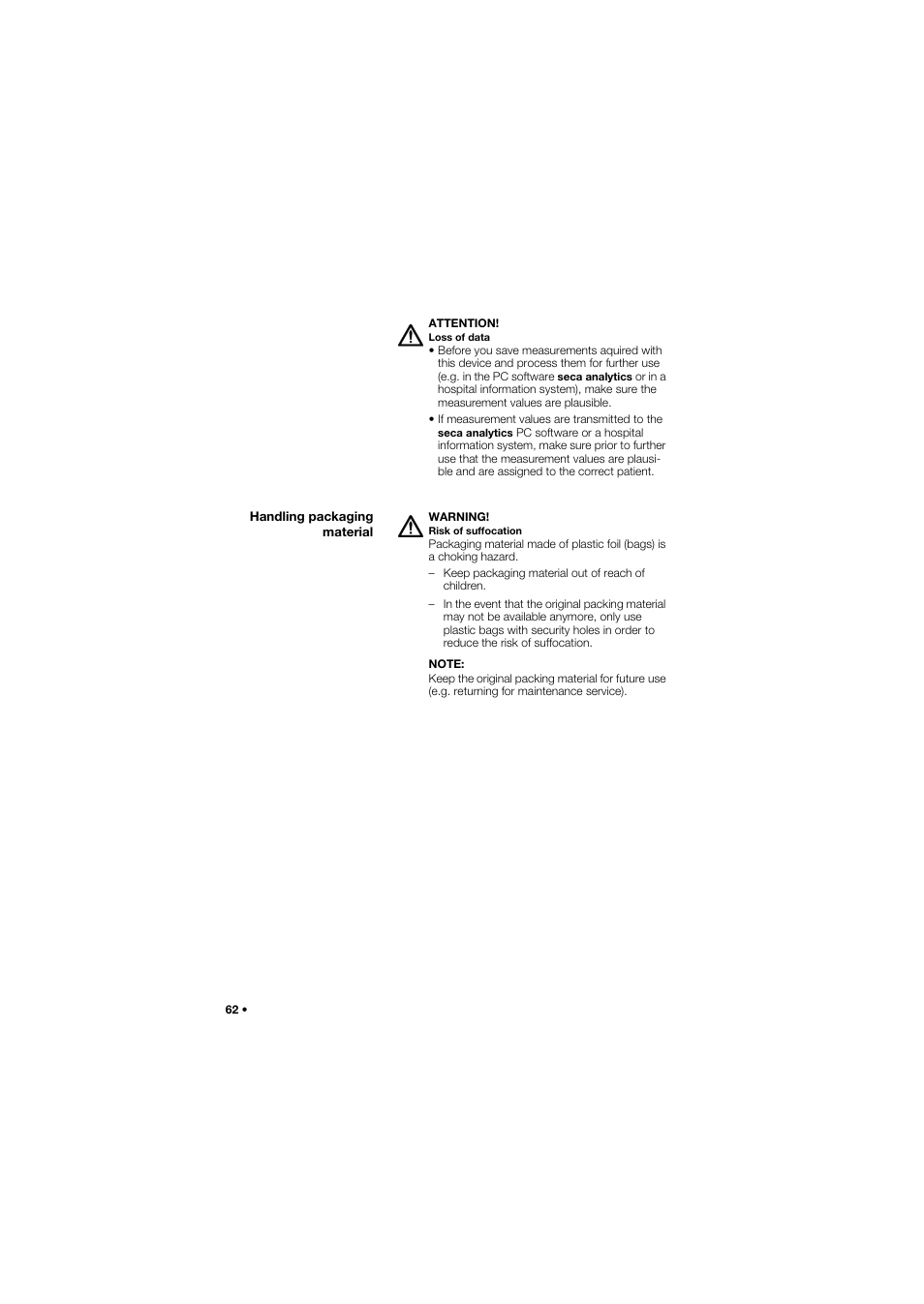 Handling packaging material | Seca 657 User Manual | Page 62 / 357