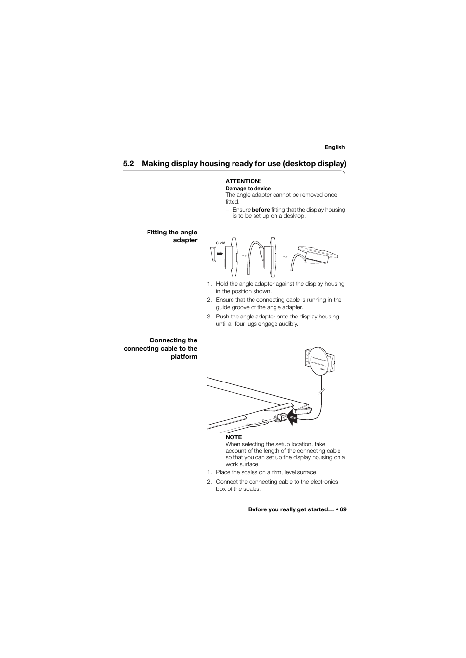 Fitting the angle adapter, Connecting the connecting cable to the platform | Seca 657 User Manual | Page 69 / 357