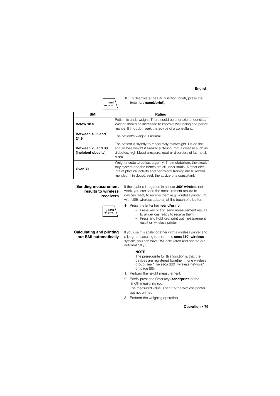 Sending measurement results to wireless receivers, Calculating and printing out bmi automatically | Seca 657 User Manual | Page 79 / 357