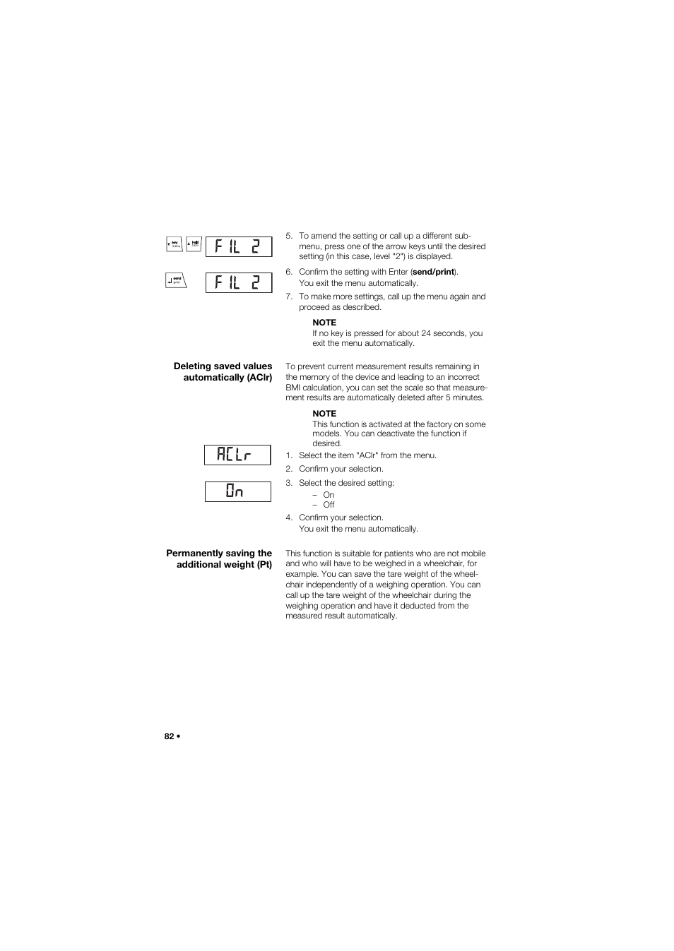 Deleting saved values automatically (aclr), Permanently saving the additional weight (pt) | Seca 657 User Manual | Page 82 / 357