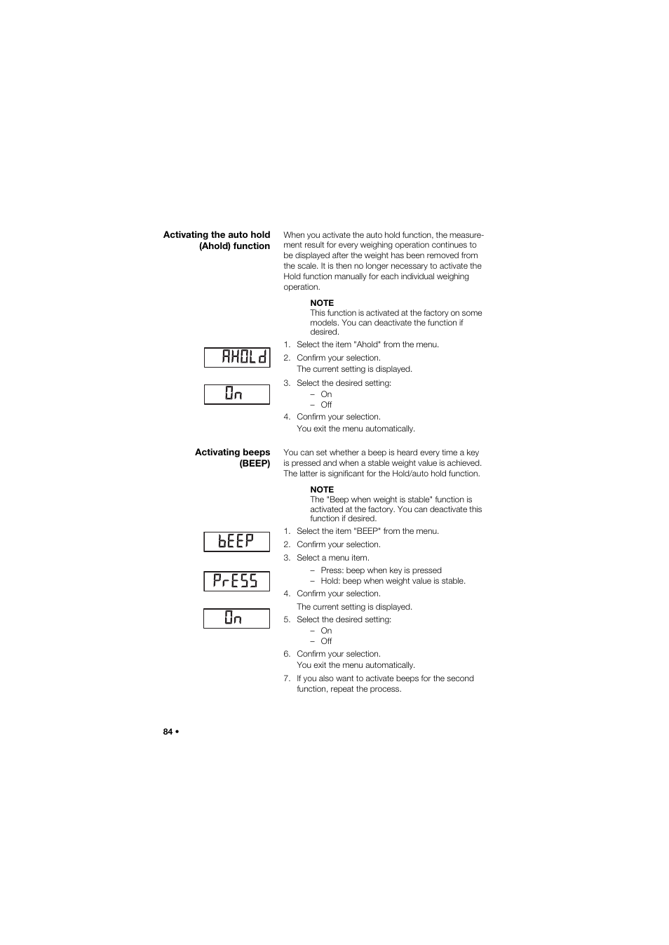 Activating the auto hold (ahold) function, Activating beeps (beep) | Seca 657 User Manual | Page 84 / 357