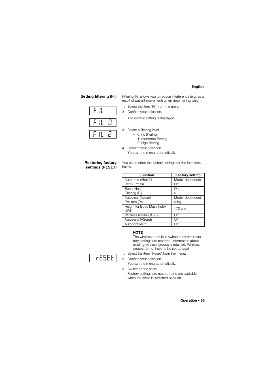 Setting filtering (fil), Restoring factory settings (reset) | Seca 657 User Manual | Page 85 / 357