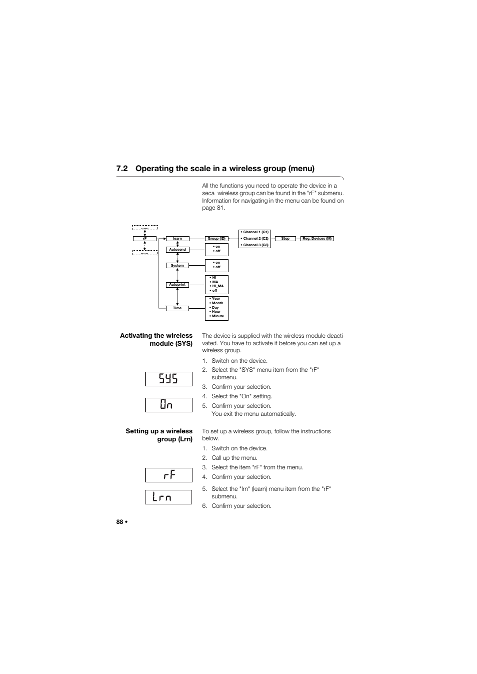 2 operating the scale in a wireless group (menu), Activating the wireless module (sys), Setting up a wireless group (lrn) | 2 operating the scale in a, Wireless group (menu) | Seca 657 User Manual | Page 88 / 357