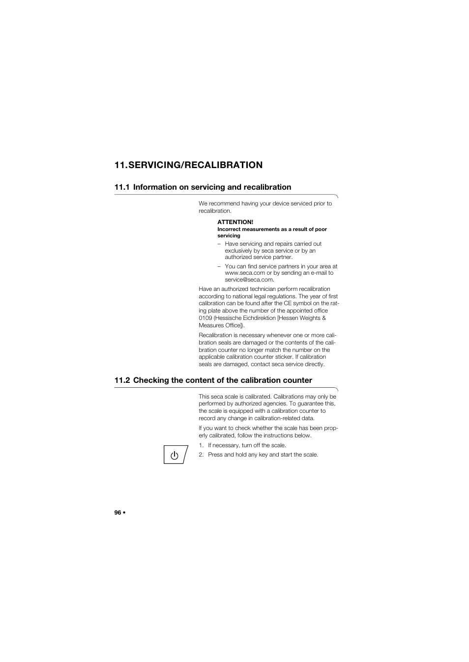 Servicing/recalibration, 1 information on servicing and recalibration, 2 checking the content of the calibration counter | Seca 657 User Manual | Page 96 / 357