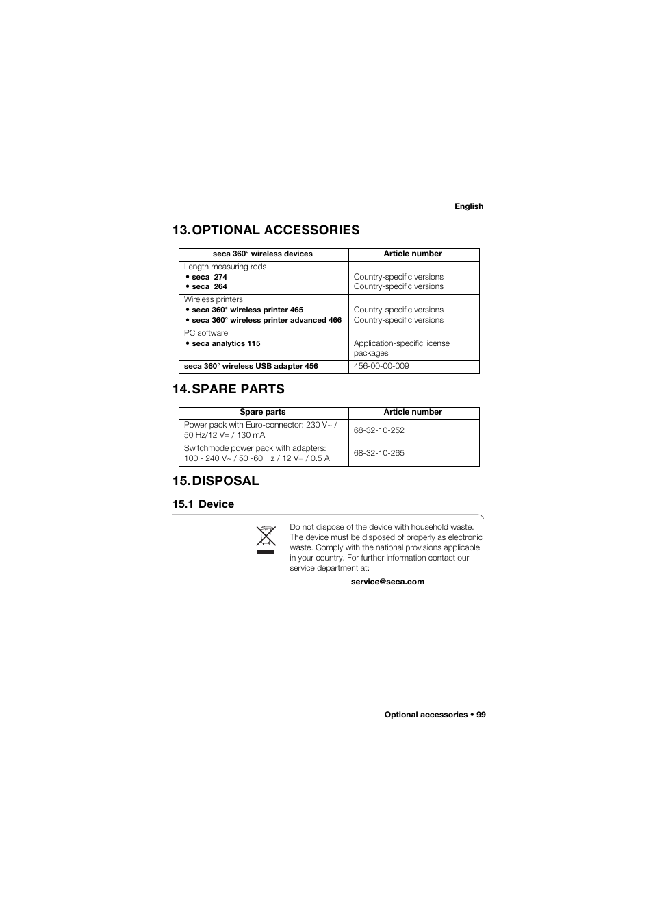 Optional accessories, Spare parts, Disposal | 1 device, Optional accessories 14.spare parts 15.disposal | Seca 657 User Manual | Page 99 / 357