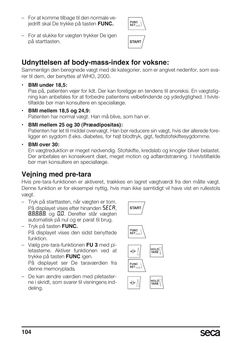 Vejning med pre-tara, Udnyttelsen af body-mass-index for voksne | Seca 657 User Manual | Page 104 / 240