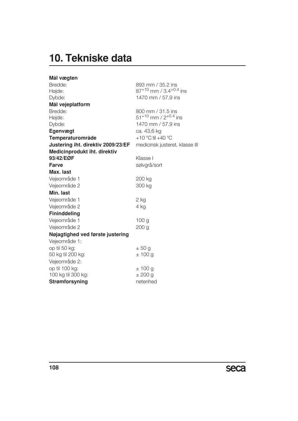 Tekniske data | Seca 657 User Manual | Page 108 / 240