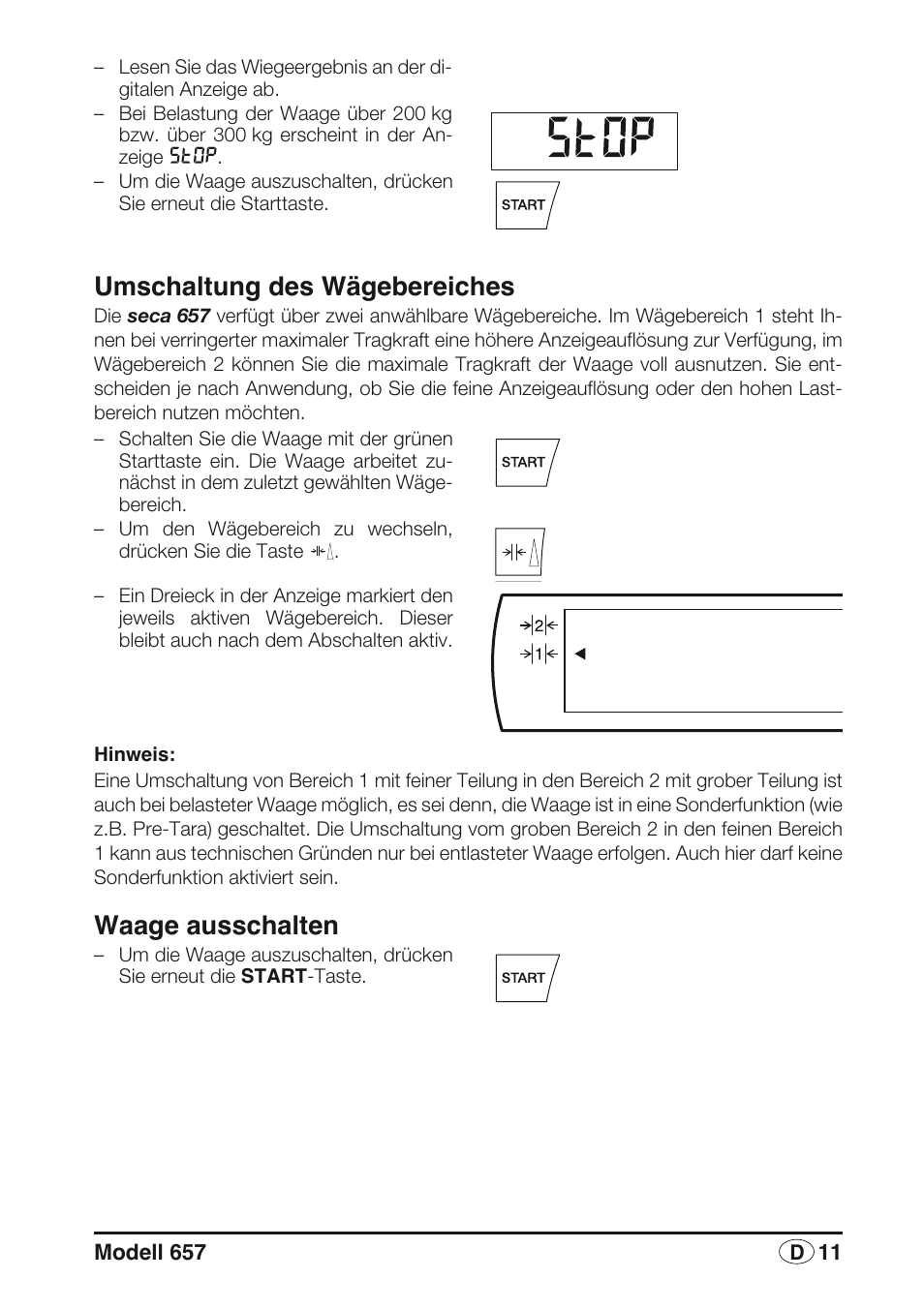 Umschaltung des wägebereiches, Waage ausschalten | Seca 657 User Manual | Page 11 / 240