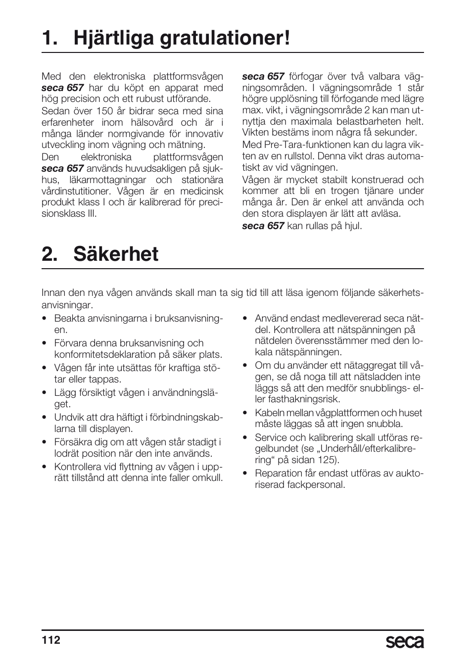 Hjärtliga gratulationer, Säkerhet | Seca 657 User Manual | Page 112 / 240