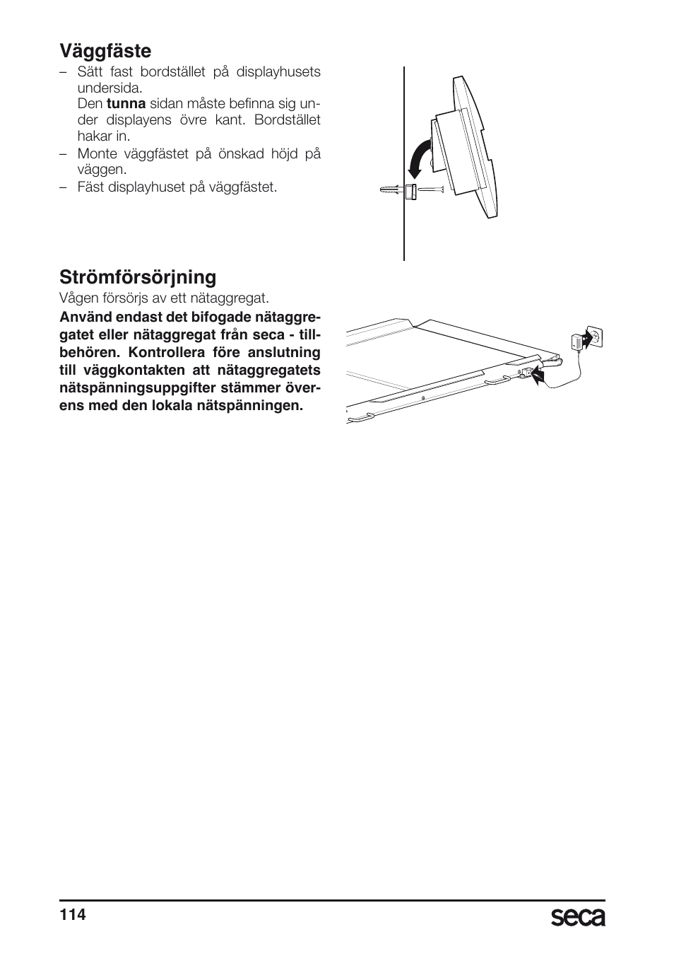 Väggfäste, Strömförsörjning | Seca 657 User Manual | Page 114 / 240