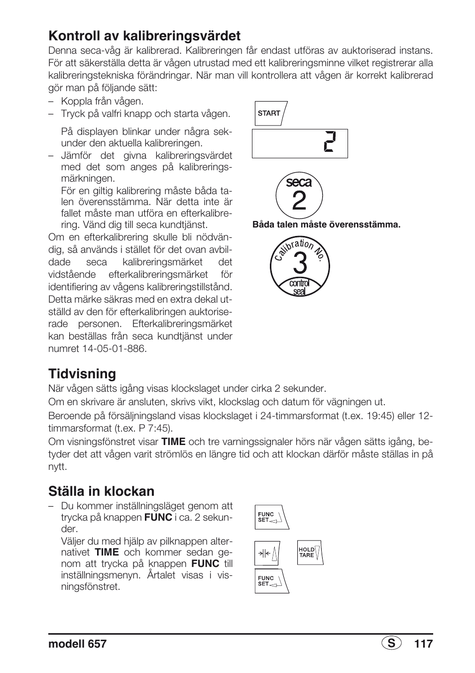 Kontroll av kalibreringsvärdet, Tidvisning, Ställa in klockan | Seca 657 User Manual | Page 117 / 240