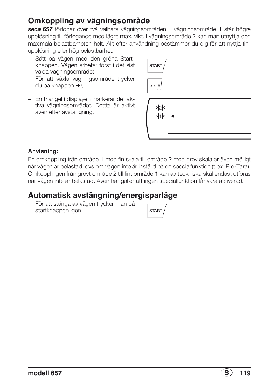 Omkoppling av vägningsområde, Automatisk avstängning/energisparläge | Seca 657 User Manual | Page 119 / 240