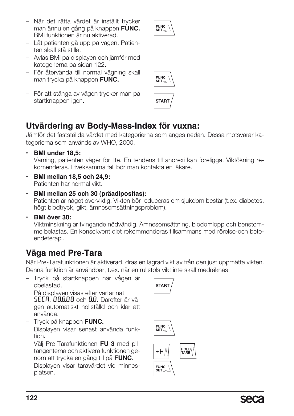 Väga med pre-tara, Utvärdering av body-mass-index för vuxna | Seca 657 User Manual | Page 122 / 240