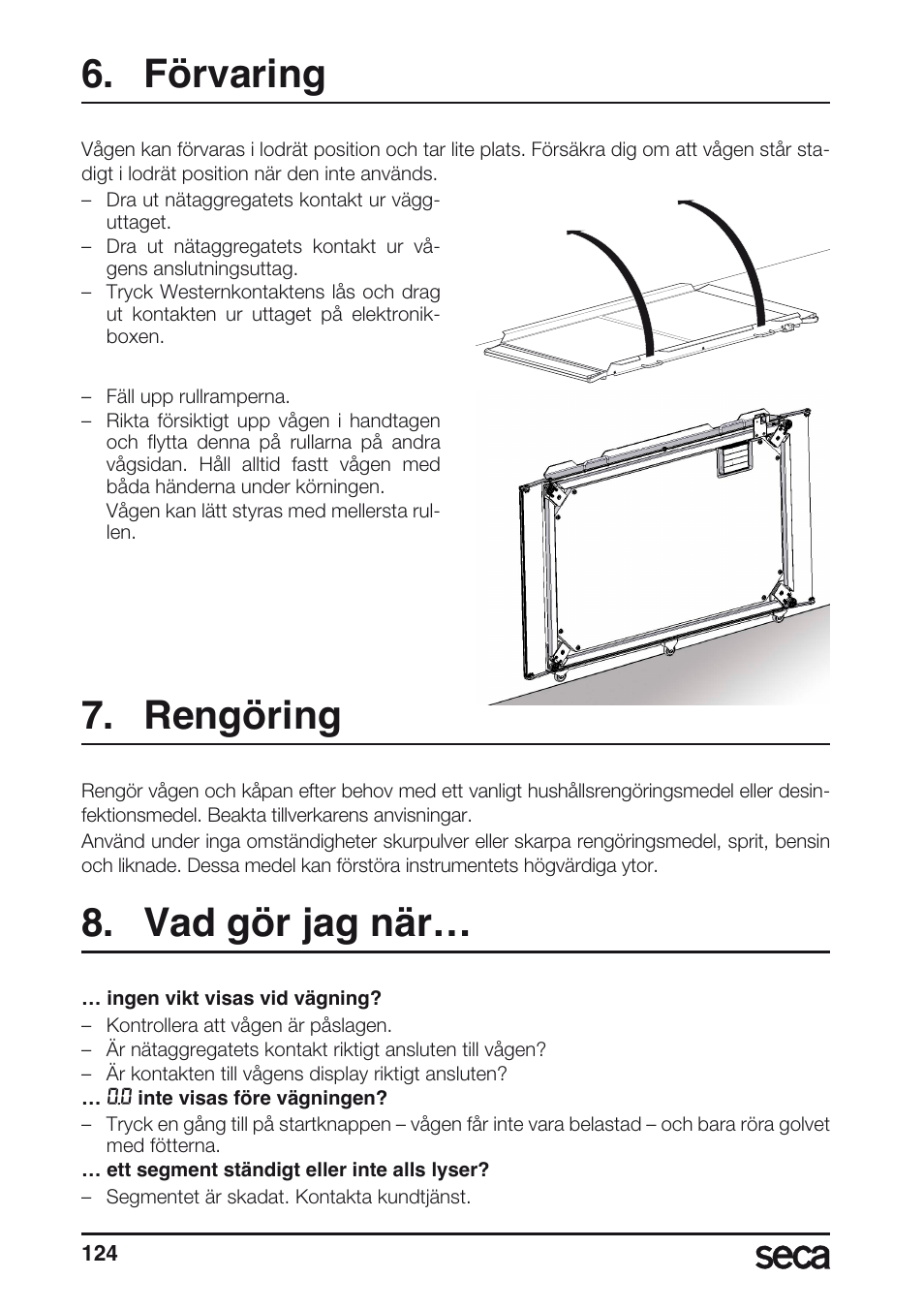 Förvaring, Rengöring, Vad gör jag när | Seca 657 User Manual | Page 124 / 240