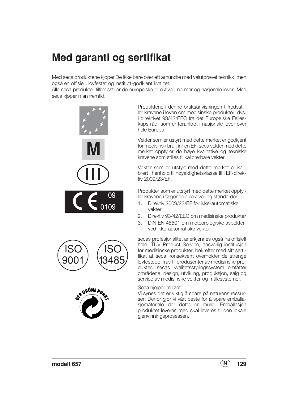 Norsk, Med garanti og sertifikat | Seca 657 User Manual | Page 129 / 240