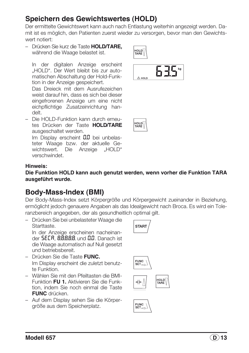 Speichern des gewichtswertes (hold), Body-mass-index (bmi) | Seca 657 User Manual | Page 13 / 240