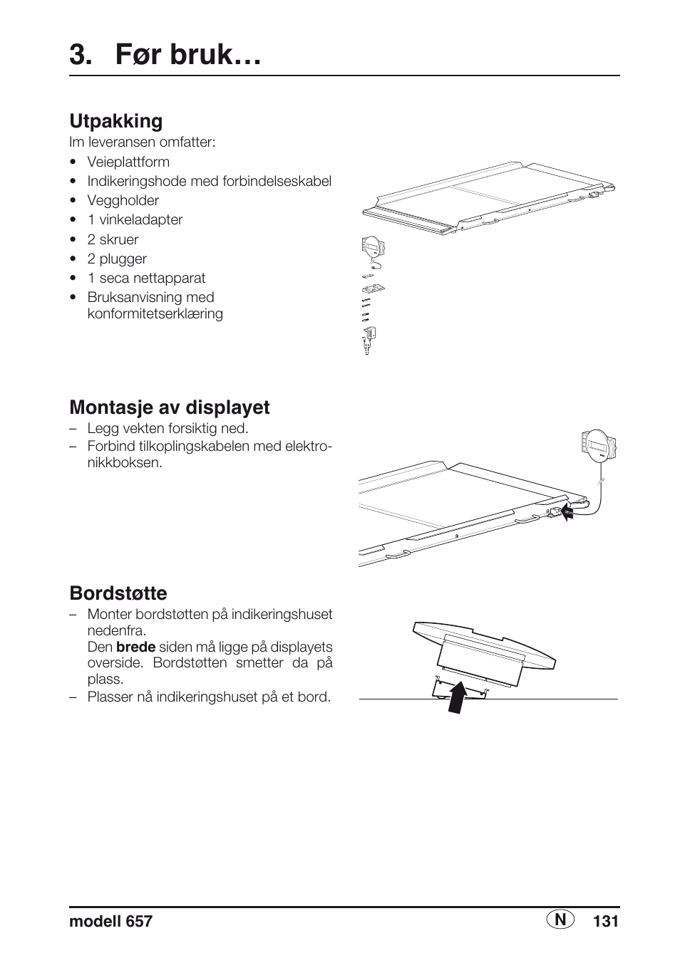 Før bruk, Utpakking, Montasje av displayet | Bordstøtte | Seca 657 User Manual | Page 131 / 240