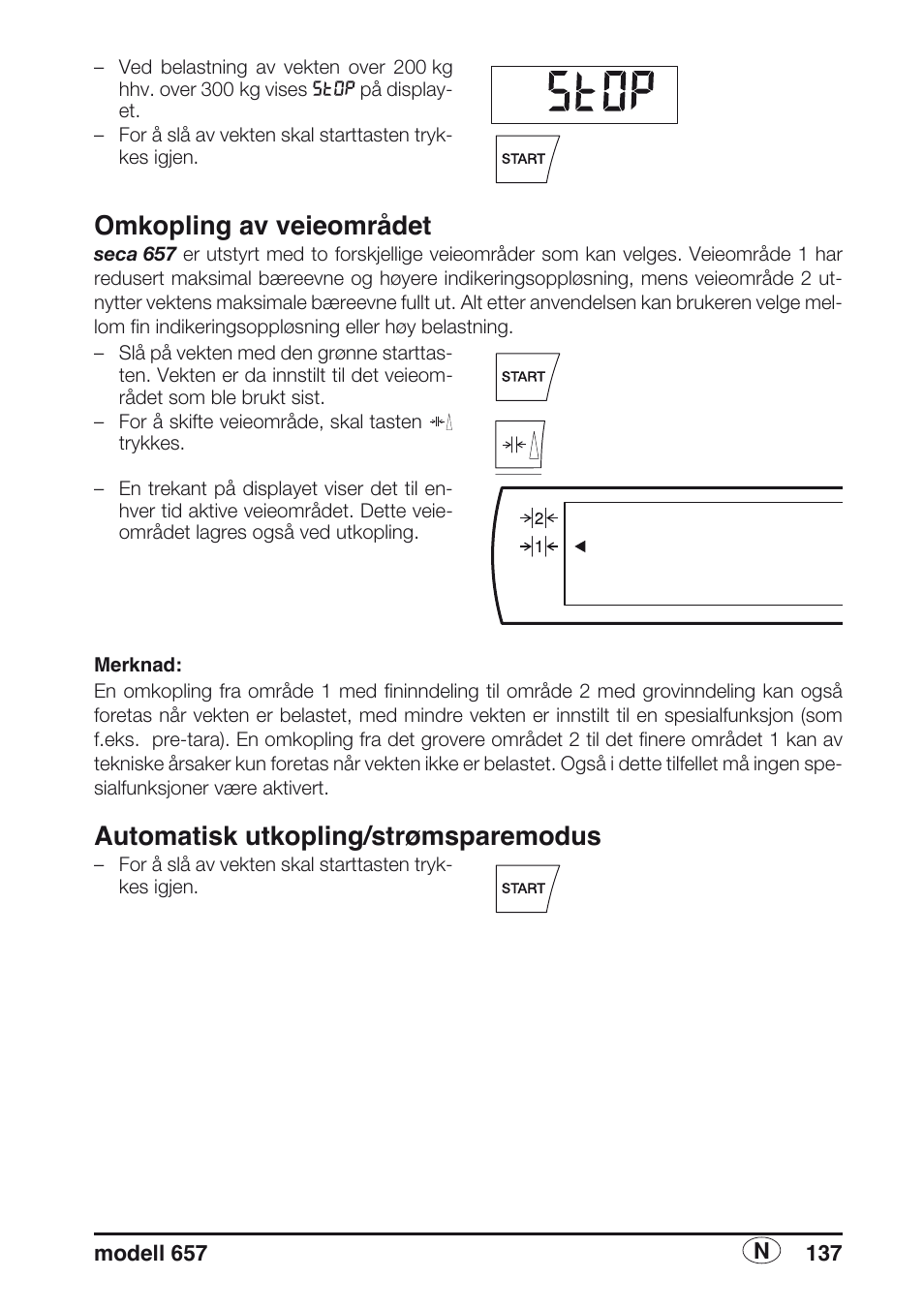 Omkopling av veieområdet, Automatisk utkopling/strømsparemodus | Seca 657 User Manual | Page 137 / 240