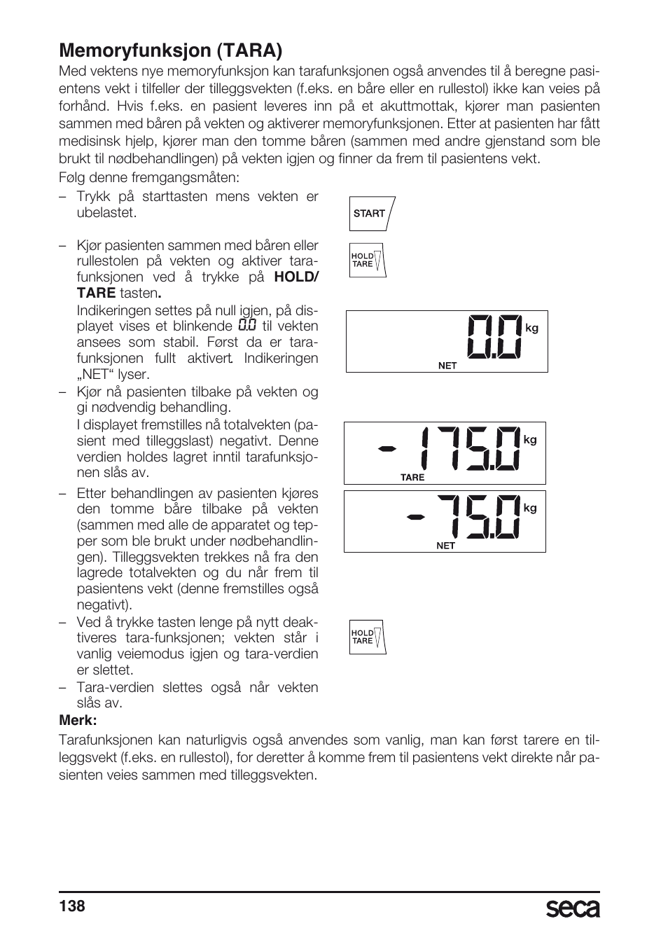 Memoryfunksjon (tara) | Seca 657 User Manual | Page 138 / 240