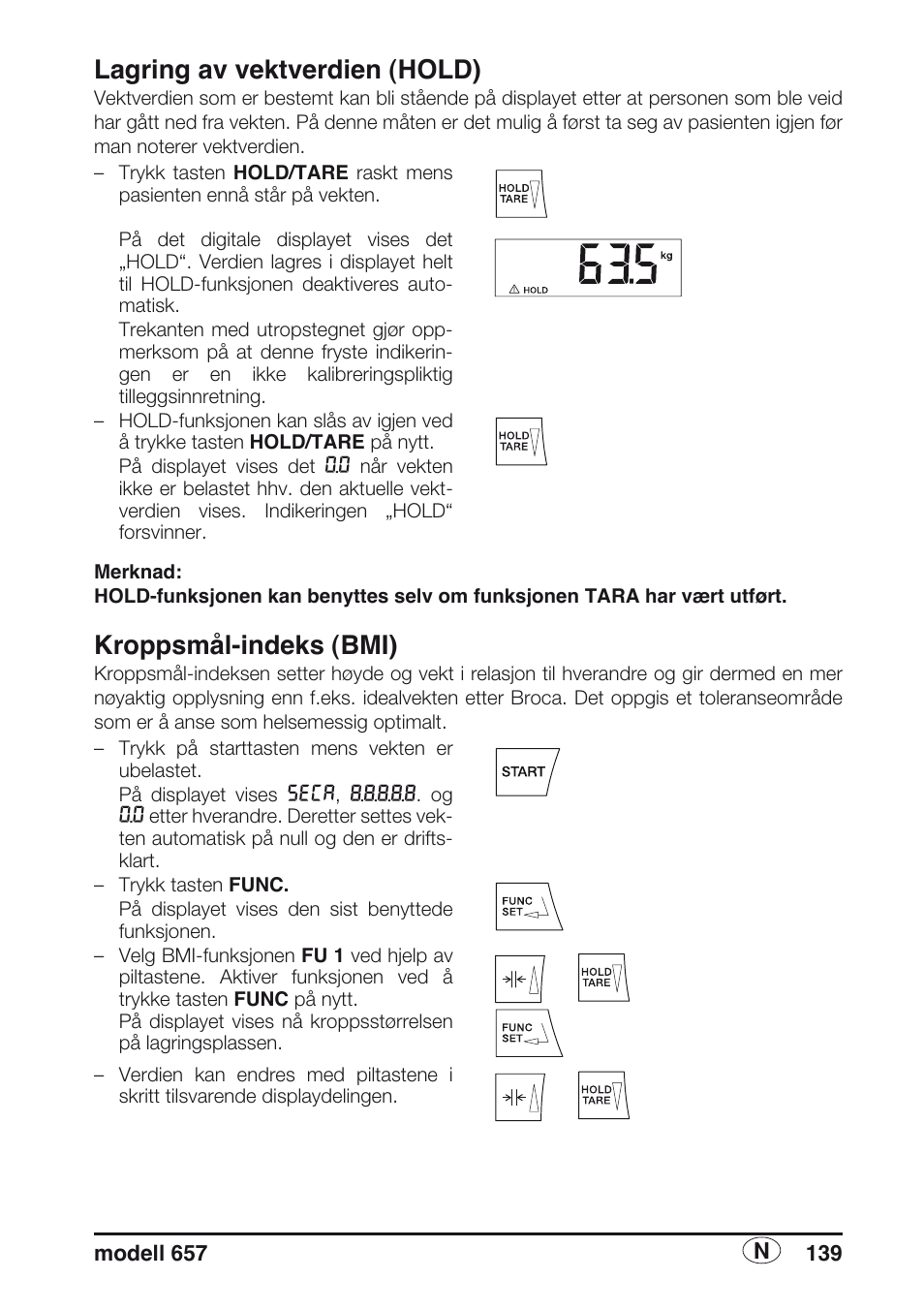 Lagring av vektverdien (hold), Kroppsmål-indeks (bmi) | Seca 657 User Manual | Page 139 / 240
