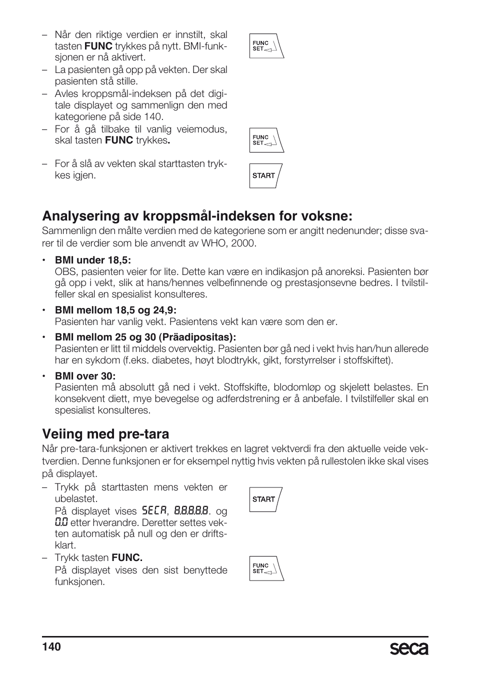 Veiing med pre-tara, Analysering av kroppsmål-indeksen for voksne | Seca 657 User Manual | Page 140 / 240