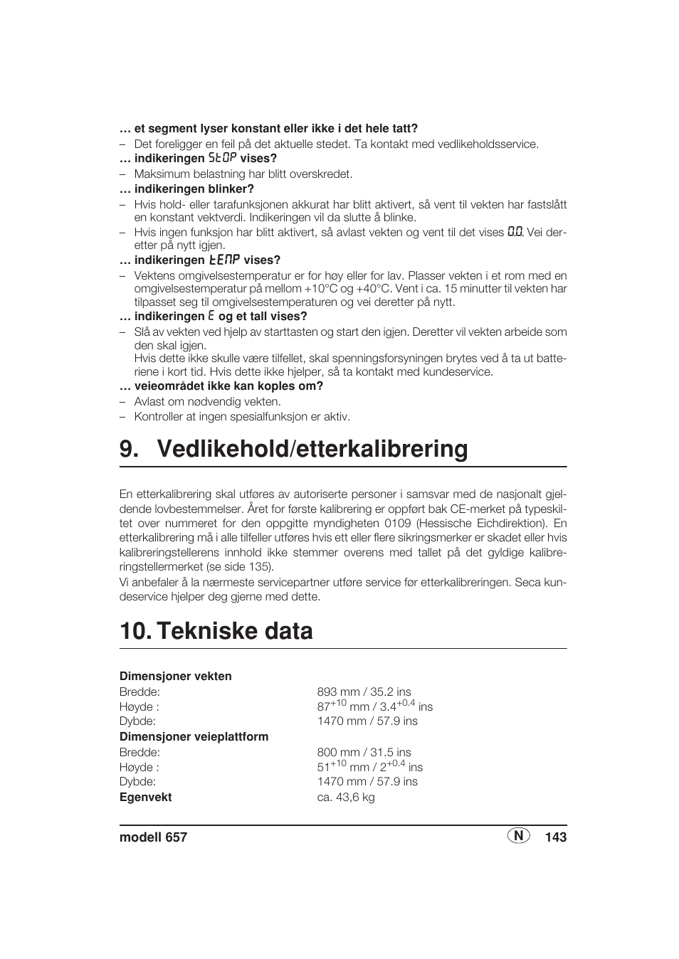 Vedlikehold/etterkalibrering, Tekniske data | Seca 657 User Manual | Page 143 / 240