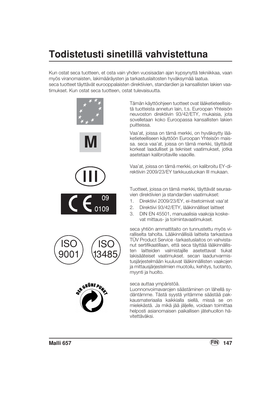 Suomi, Todistetusti sinetillä vahvistettuna | Seca 657 User Manual | Page 147 / 240