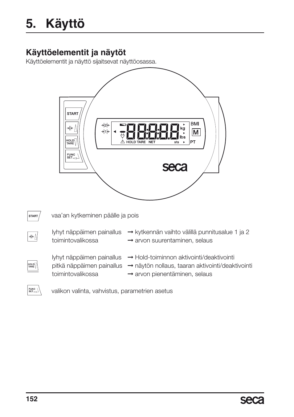 Käyttö, Käyttöelementit ja näytöt | Seca 657 User Manual | Page 152 / 240