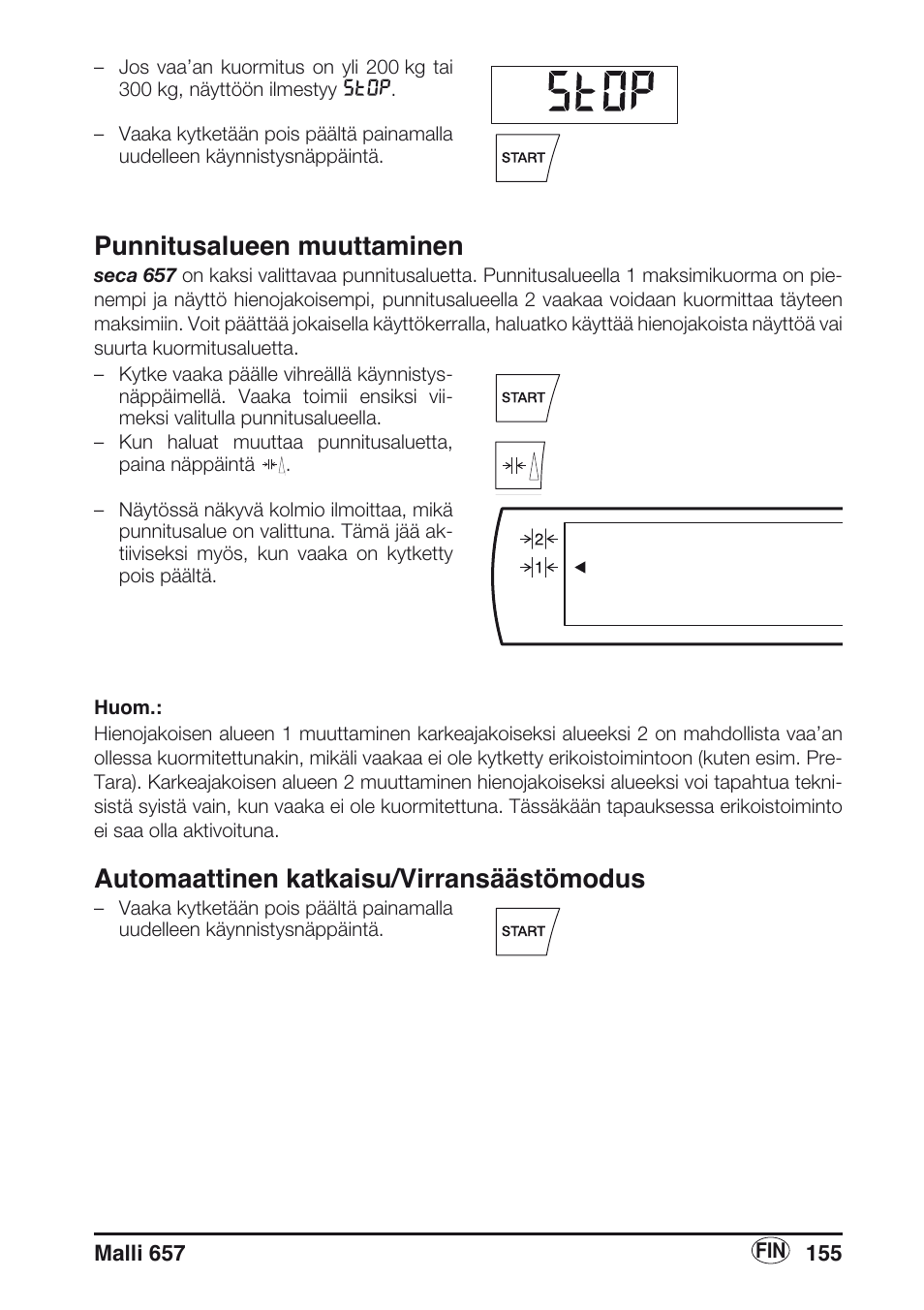 Punnitusalueen muuttaminen, Automaattinen katkaisu/virransäästömodus | Seca 657 User Manual | Page 155 / 240