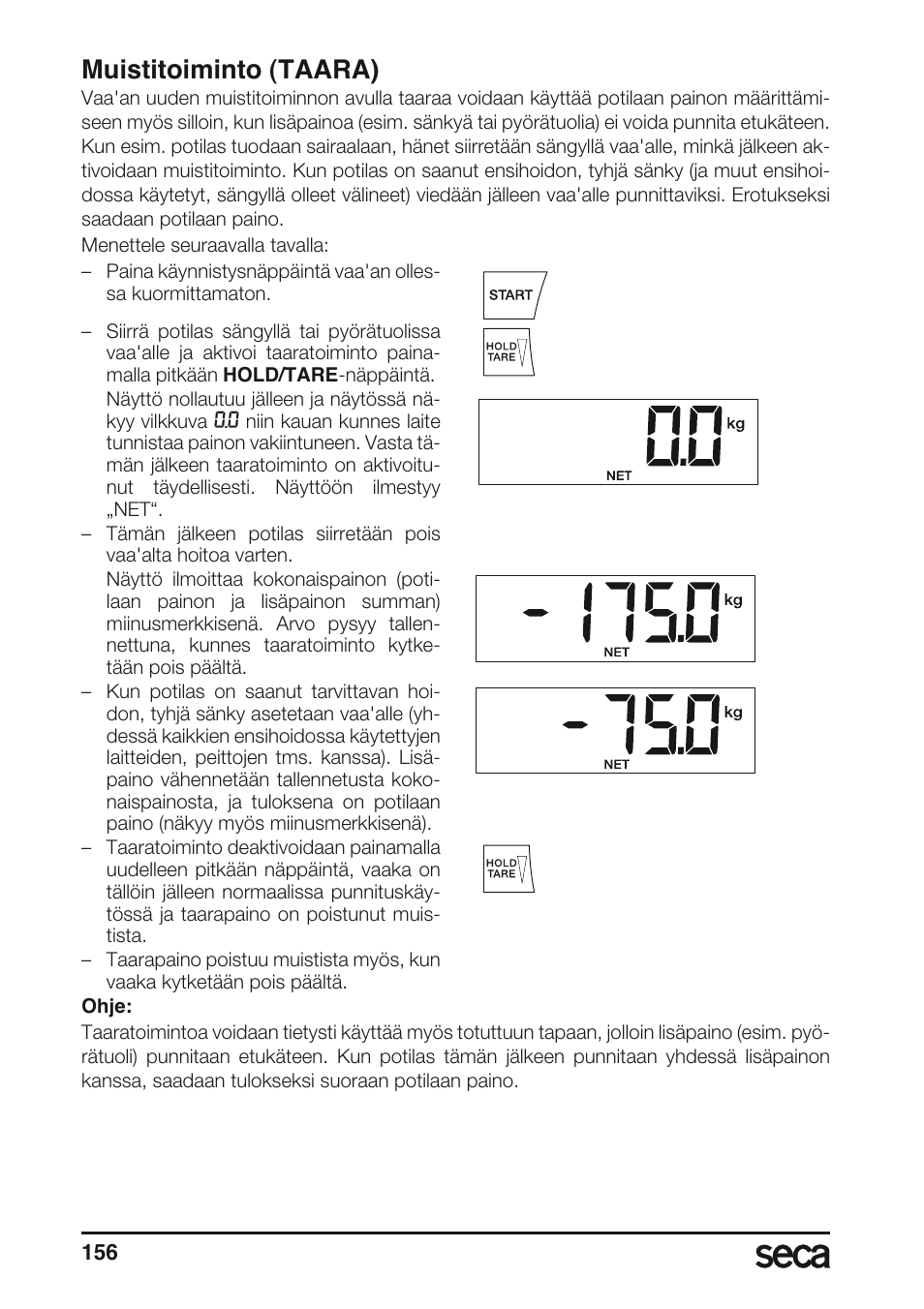 Muistitoiminto (taara) | Seca 657 User Manual | Page 156 / 240