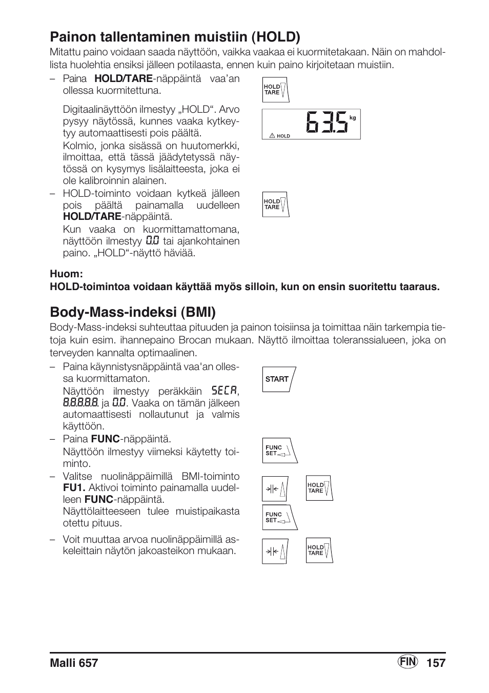 Painon tallentaminen muistiin (hold), Body-mass-indeksi (bmi) | Seca 657 User Manual | Page 157 / 240