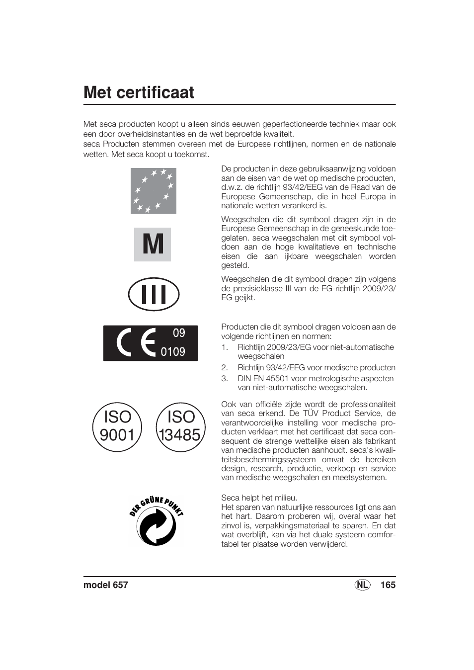 Nederlands, Met certificaat | Seca 657 User Manual | Page 165 / 240