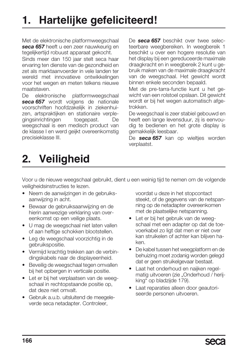 Hartelijke gefeliciteerd, Veiligheid | Seca 657 User Manual | Page 166 / 240