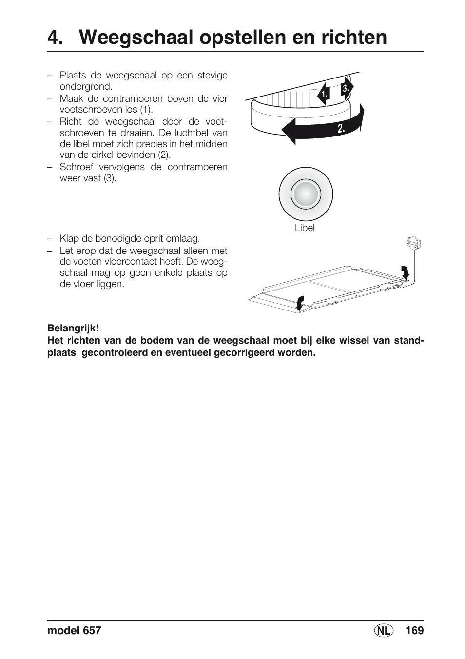 Weegschaal opstellen en richten, Libelle | Seca 657 User Manual | Page 169 / 240