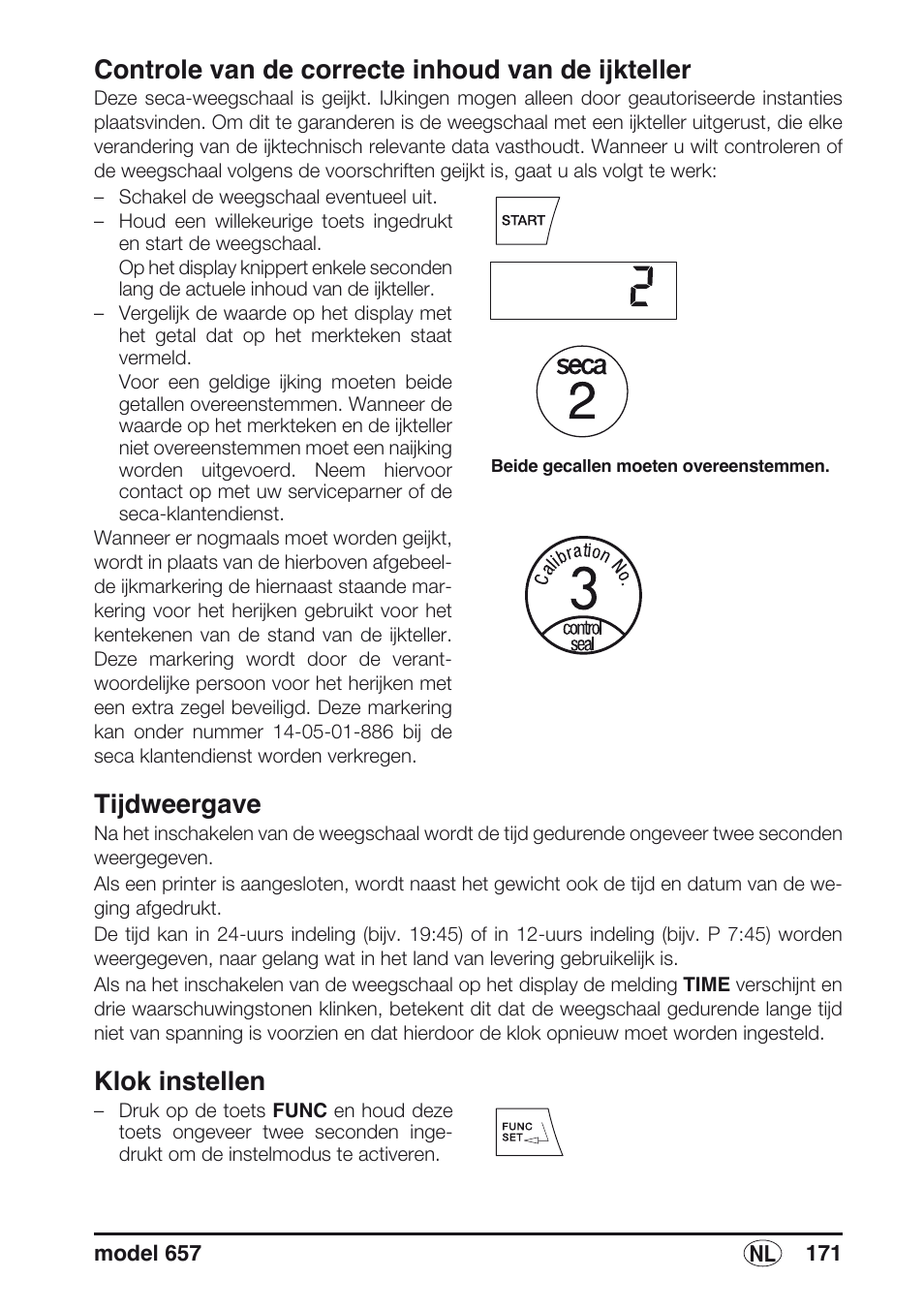 Controle van de correcte inhoud van de ijkteller, Tijdweergave, Klok instellen | Seca 657 User Manual | Page 171 / 240