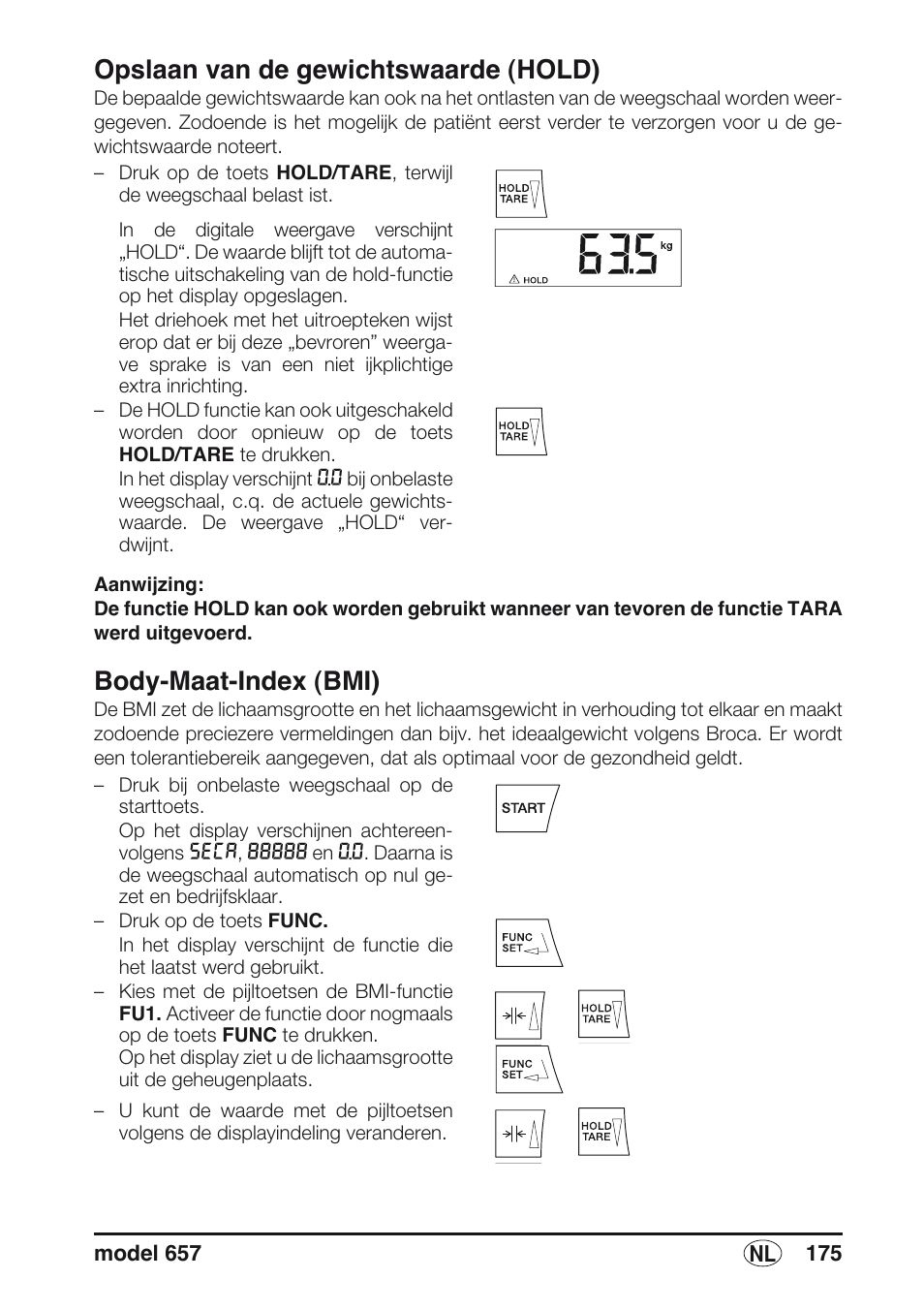 Opslaan van de gewichtswaarde (hold), Body-maat-index (bmi) | Seca 657 User Manual | Page 175 / 240